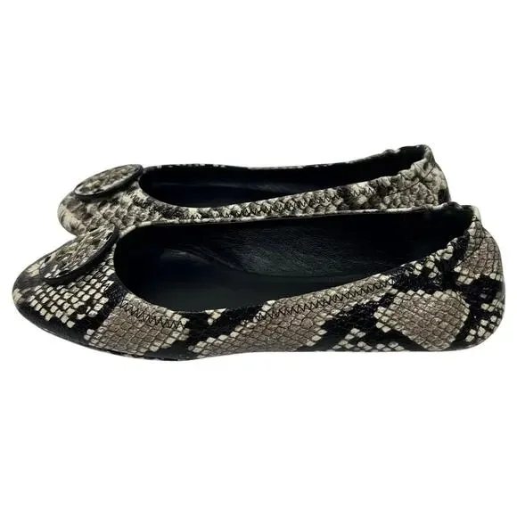 Tory Burch Minnie Travel Ballet Flats, python-embossed leather exterior. Size 9 - Picture 3 of 10